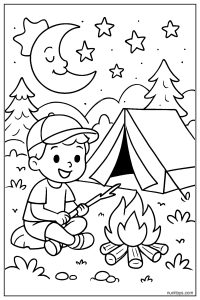 Child Camping Under a Bright Moon Coloring Page