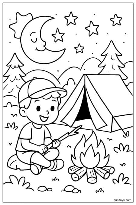 Child Camping Under Night Sky with Crescent Moon Coloring Page
