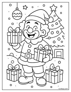 Clown dressed as Santa holding Christmas gifts by a decorated tree coloring page