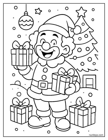 Clown Dressed as Santa with Christmas Gifts Coloring Page