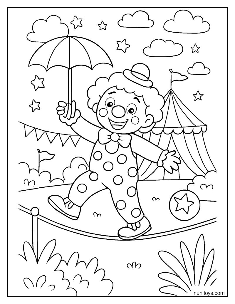 Circus Clown Balancing on a Tightrope with Umbrella Coloring Page