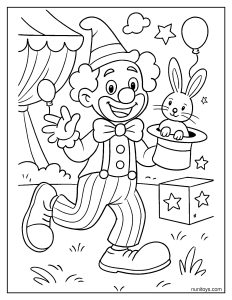 Classic Clown with Oversized Shoes and Red Nose Performing a Trick Coloring Page