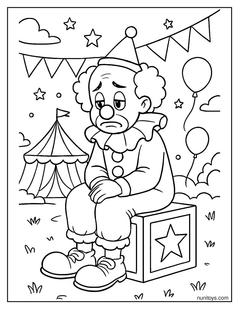 Classic Sad Clown Sitting on a Circus Box Coloring Page