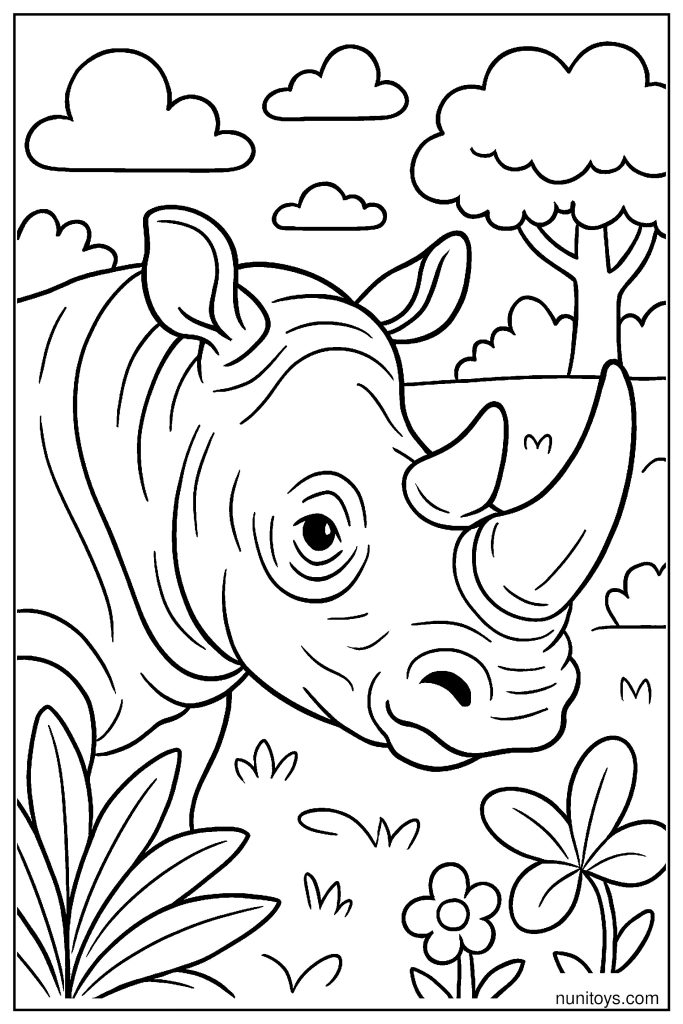 Close-Up Rhino Head: Textured Skin Folds and Curved Horn Coloring Page