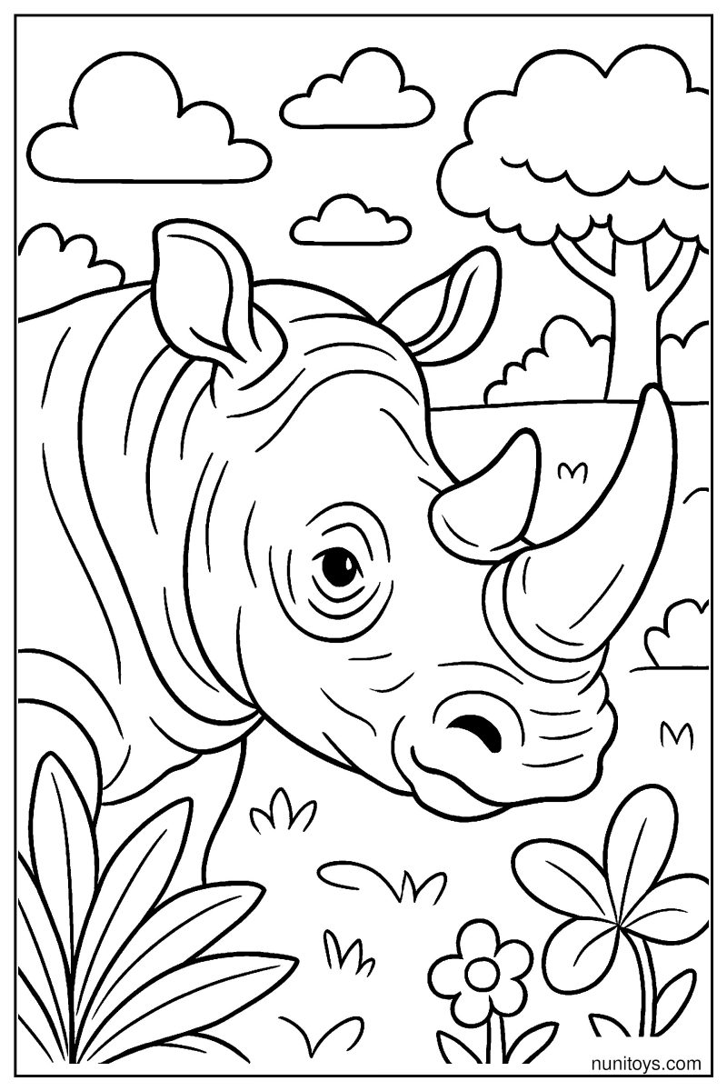 Close-Up Rhino Head: Textured Skin Folds and Curved Horn Coloring Page
