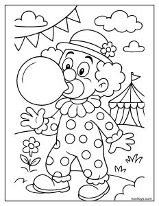 Clown blowing a large bubble balloon near a circus tent coloring page