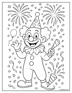 Clown celebrating with fireworks and confetti at a festive party coloring page