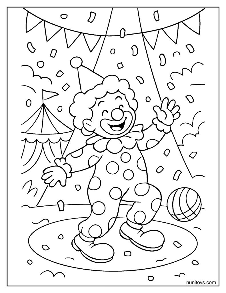 Clown Dancing Under the Circus Spotlight Coloring Page