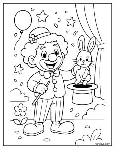 Clown Performing Magic Trick with Hat and Rabbit Coloring Page