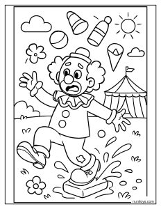 Clown slipping on a wet surface with juggling items falling coloring page