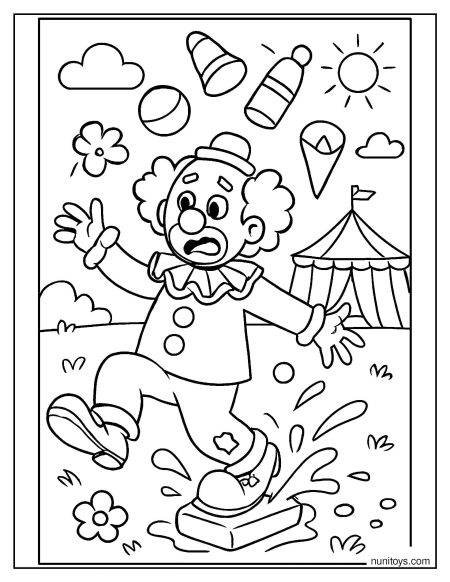 Clown Slipping on Soap While Juggling Coloring Page