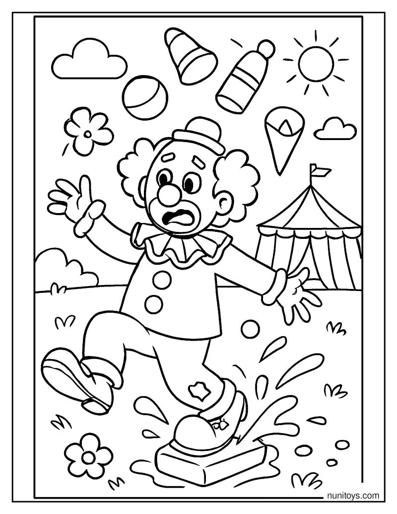 Clown Slipping on Soap While Juggling Coloring Page