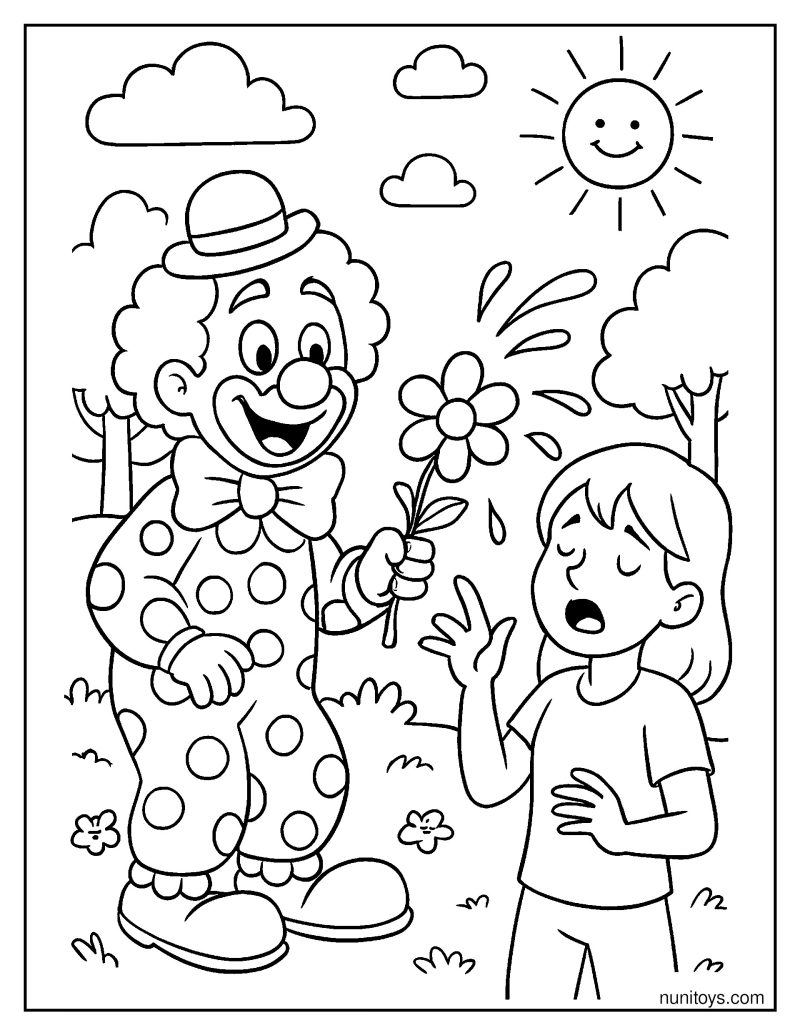 Clown Squirting Water from a Fake Flower Coloring Page