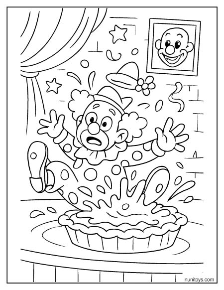 Clown Falling into Pie on Stage Coloring Page