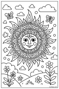 Complex Mandala Sun: Symmetrical Pattern Coloring Page