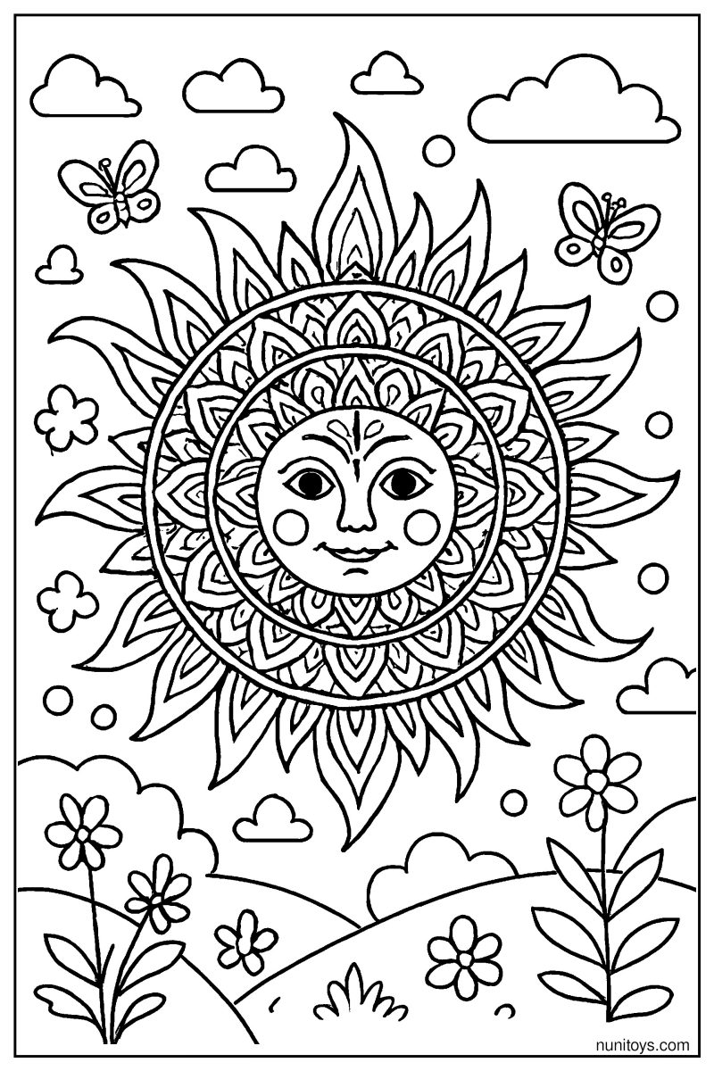 Complex Mandala Sun: Symmetrical Pattern Coloring Page
