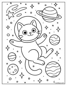 דף צביעה של חתול מרחף בחלל בין כוכבים וכוכבי לכת