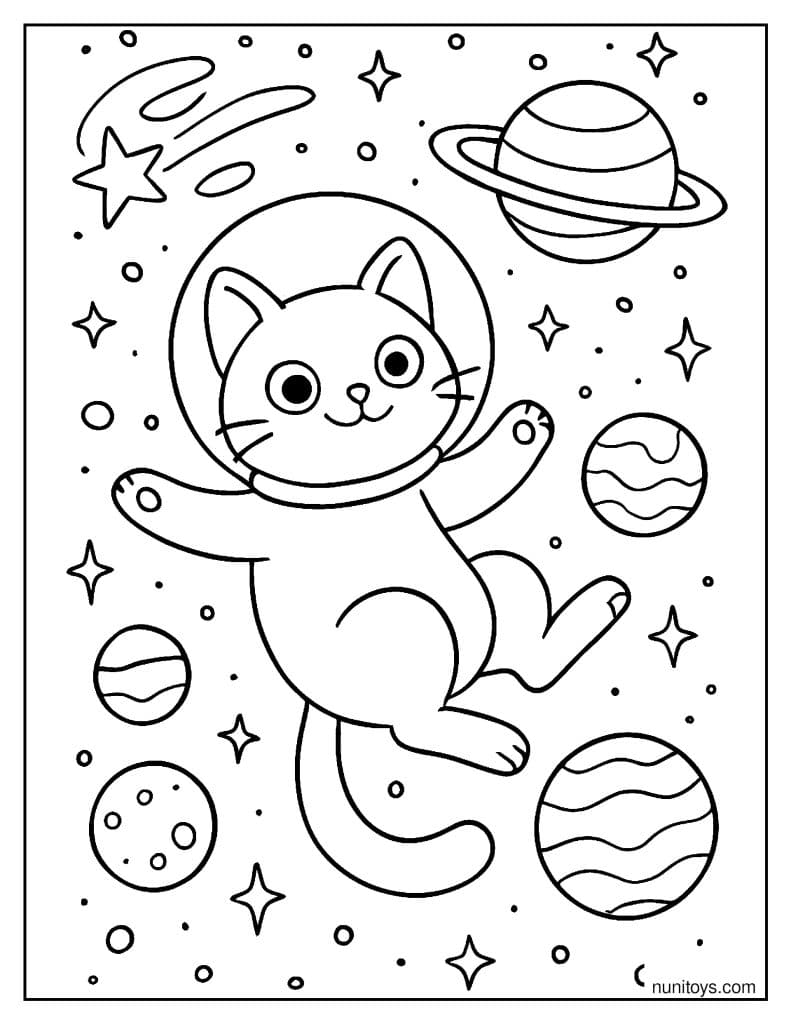 דף צביעה של חתול מרחף בחלל בין כוכבים וכוכבי לכת