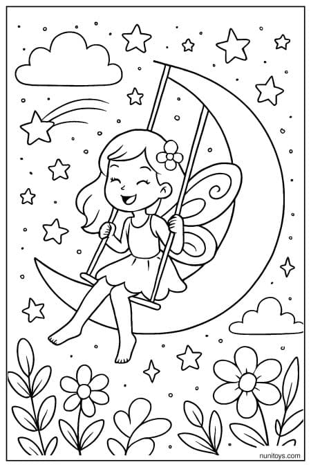 Fairy Sitting on Crescent Moon with Umbrella Coloring Page