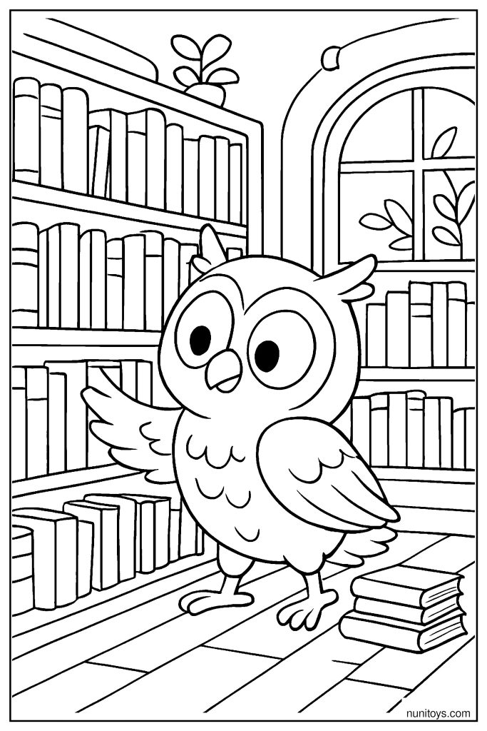 דף צביעה של ינשוף בספרייה בין מדפי ספרים