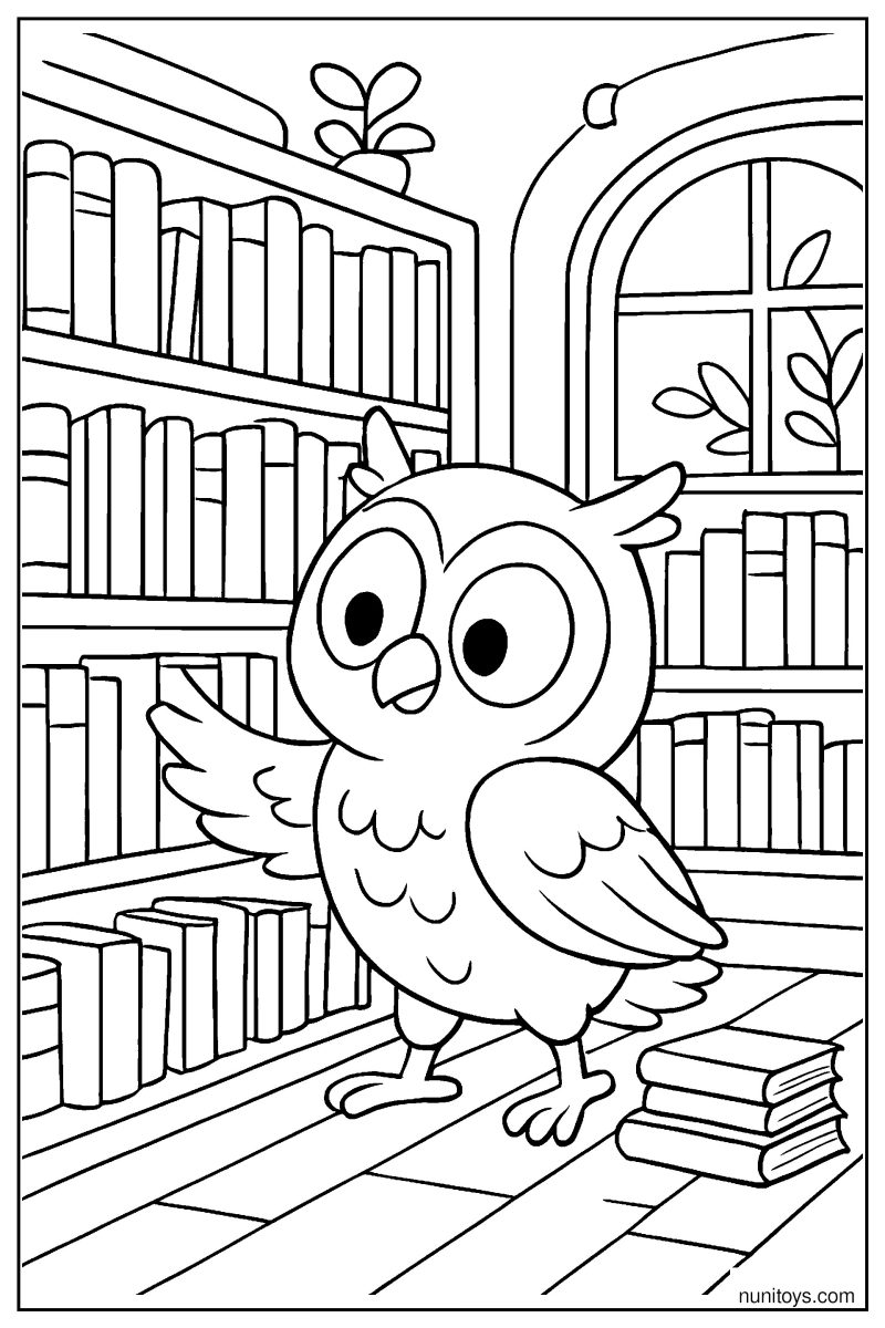 דף צביעה של ינשוף בספרייה בין מדפי ספרים