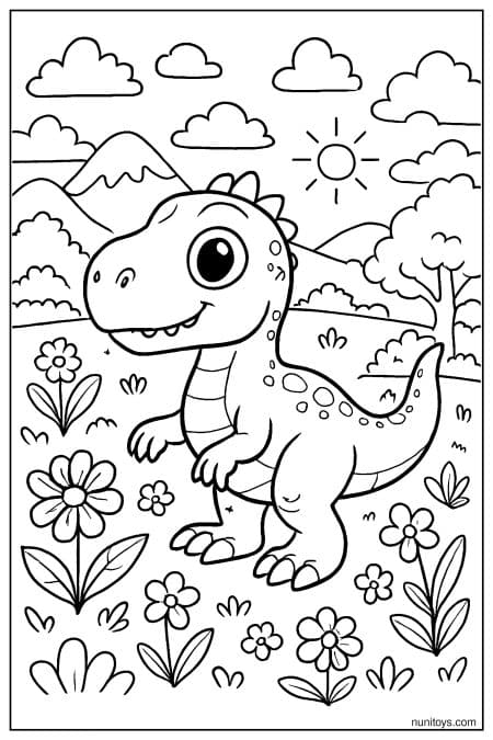 Allosaurus stands among flowers with mountains and sun behind Coloring Page
