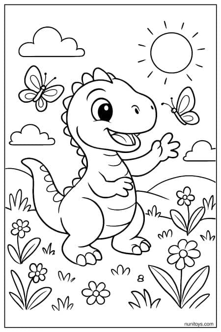 Allosaurus stands in flower field with butterflies flying around Coloring Page