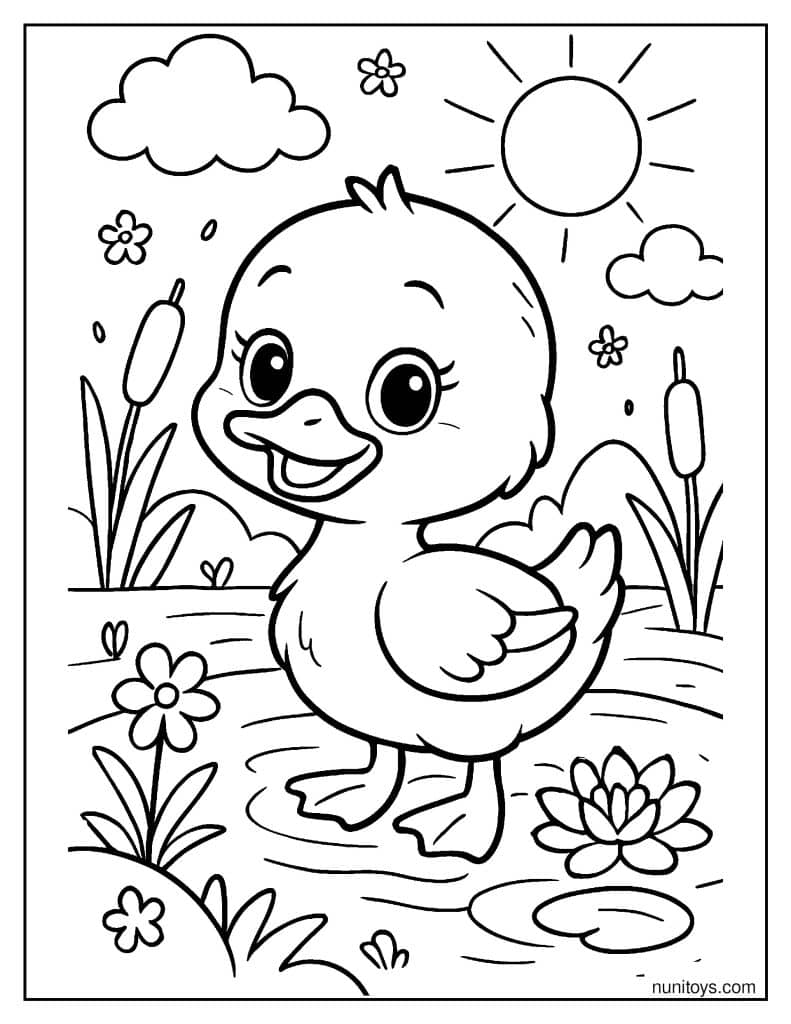 דף צביעה של ברווזון חמוד עומד במים בין פרחים ושמש