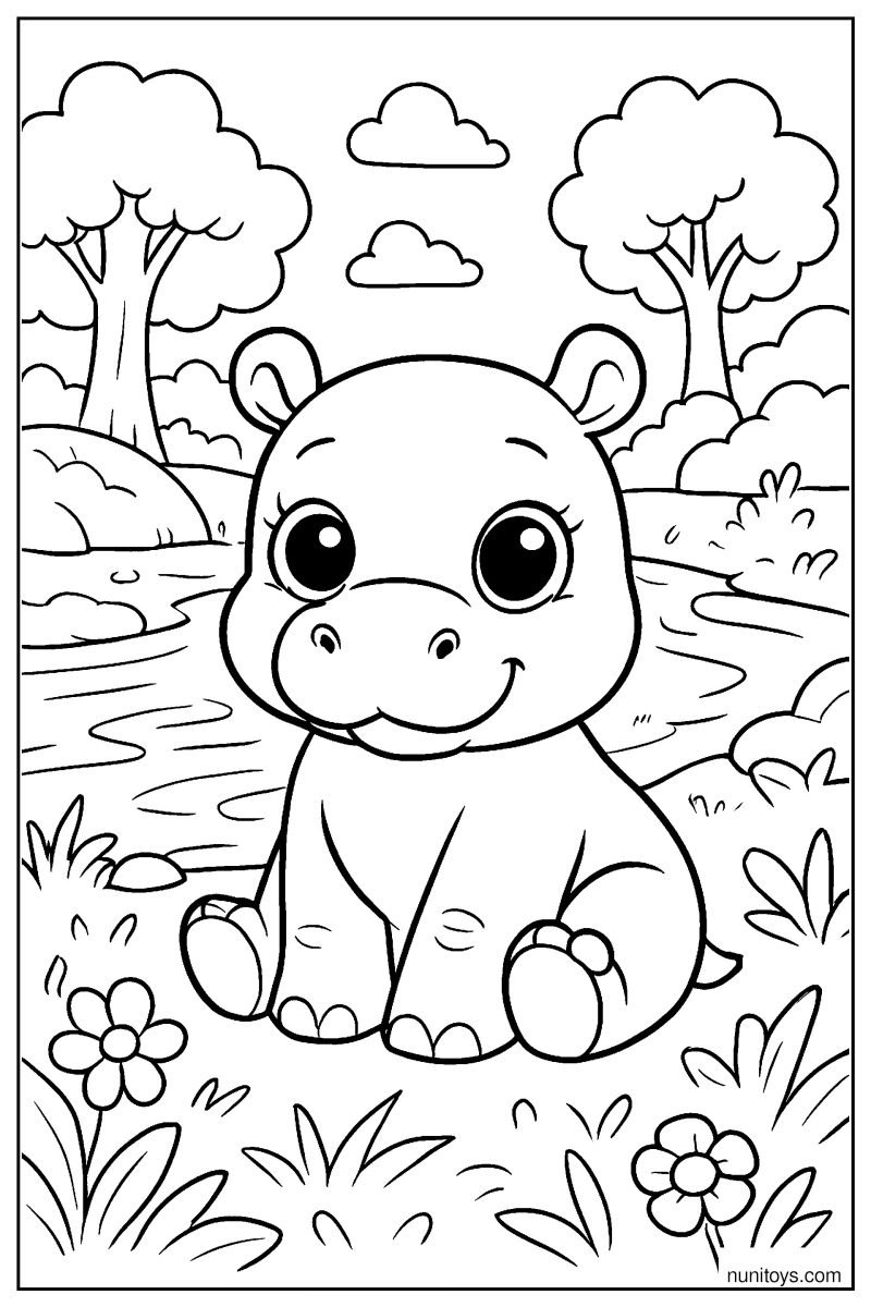 Cute Baby Hippo with Big Eyes Coloring Page