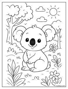 דף צביעה של קואלה תינוק חמוד ביער עם פרחים