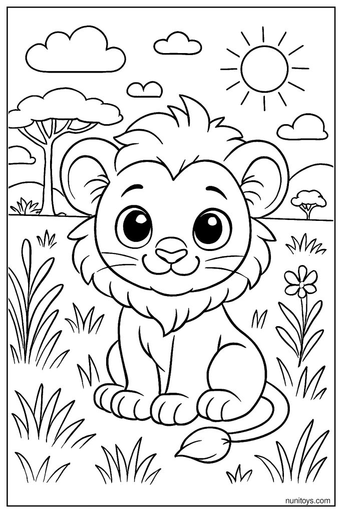 Cute Baby Lion with Big Eyes Sitting in Savanna Grass Coloring Page