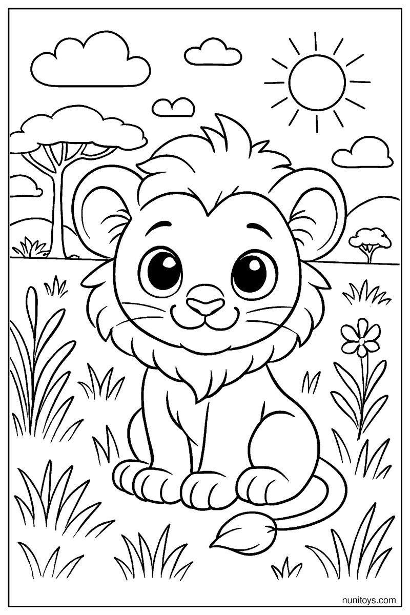 Cute Baby Lion with Big Eyes Sitting in Savanna Grass Coloring Page