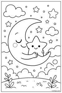 Cute Baby Moon Hugs a Tiny Star Coloring Page