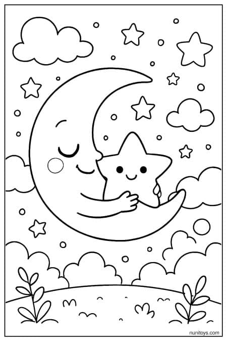 Moon Hugging Star Above Cloudy Hills Coloring Page