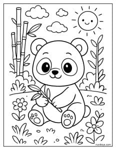 פנדה תינוק חמוד עם במבוק ציור לצביעה בטבע
