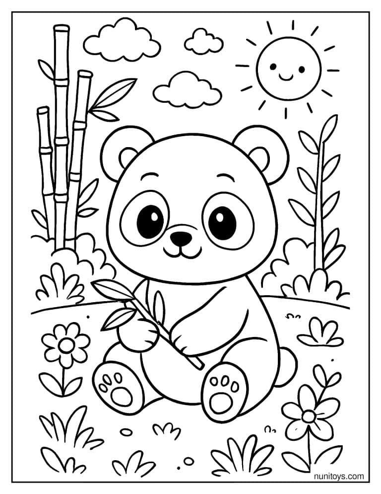 Coloriage petit panda assis avec une branche de bambou
