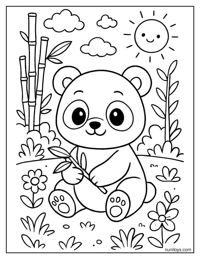 פנדה תינוק חמוד עם במבוק ציור לצביעה בטבע
