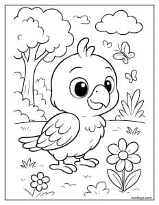 תוכי תינוק חמוד בגינה עם פרחים ופרפרים