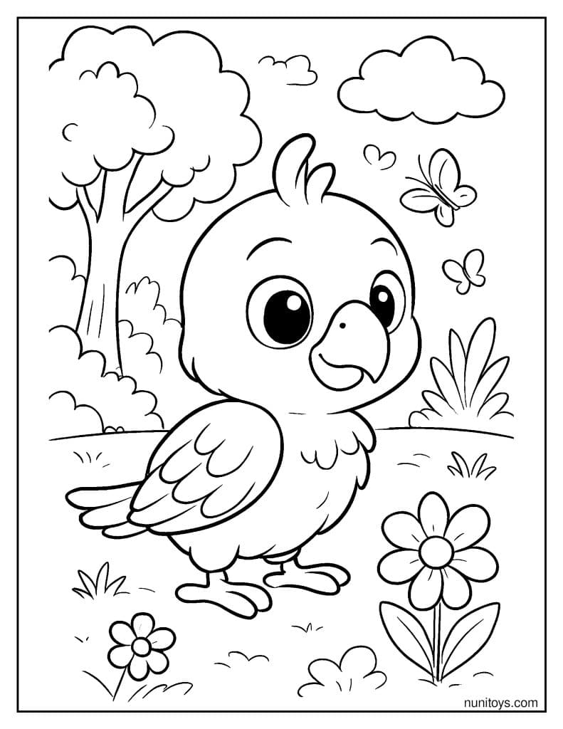 תוכי תינוק חמוד בגינה עם פרחים ופרפרים