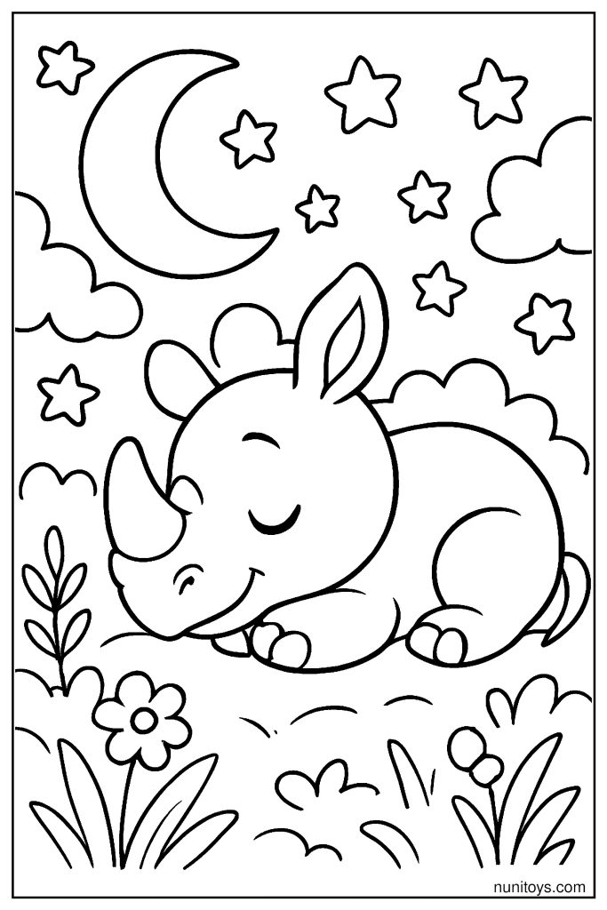 Cute Baby Rhino Sleeping Peacefully Under a Crescent Moon