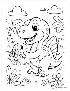 Cute Baby Spinosaurus Smiling With a Small Fish Coloring Page