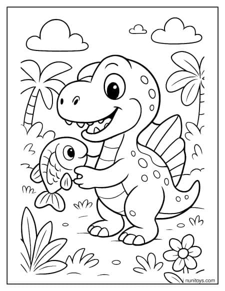 baby Spinosaurus Holding Fish in Jungle Coloring Page