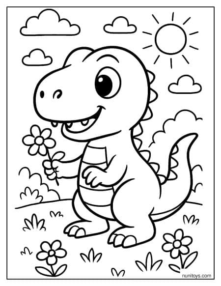 Cute T-Rex Holding Flower in Field Coloring Page