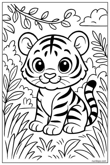 Cute Tiger Cub Sitting in Tall Grass Coloring Page