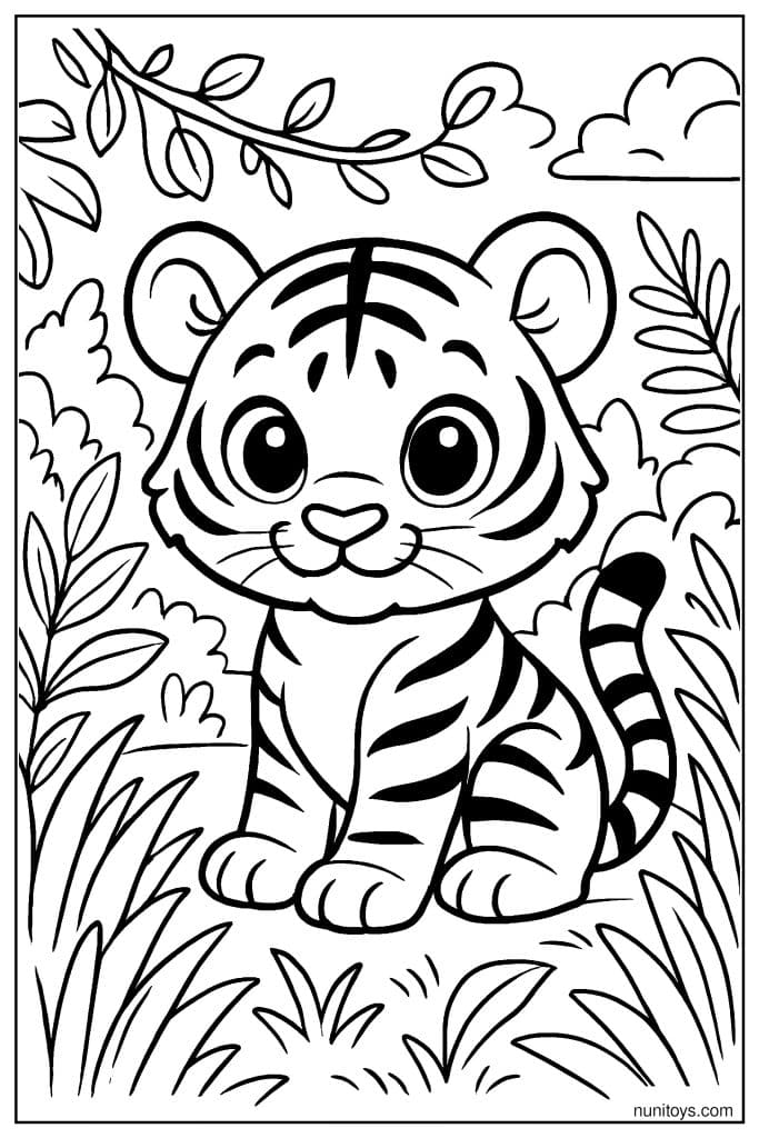 Cute Tiger Cub Sitting in Tall Grass Coloring Page