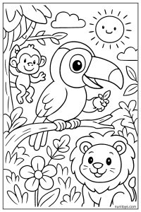 Cute Baby Toucan Sitting on a Branch Holding Berry Coloring Page