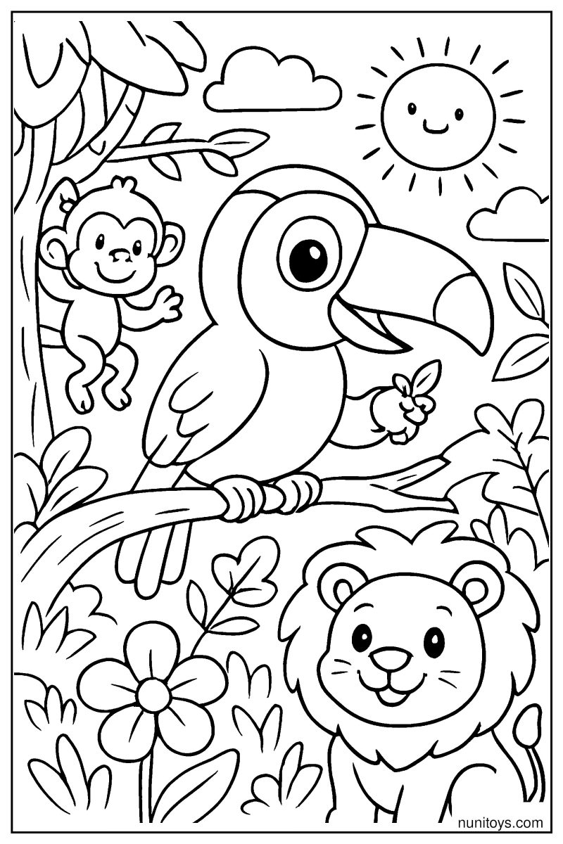 Cute Baby Toucan Sitting on a Branch Holding Berry Coloring Page