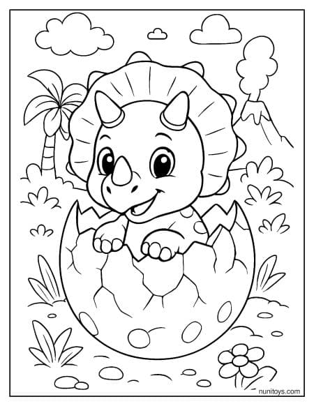Baby Triceratops Hatching from Egg Coloring Page