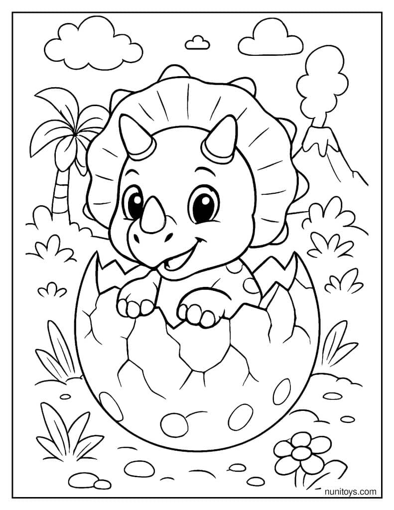 Cute Baby Triceratops Sitting in a Cracked Egg Coloring Page