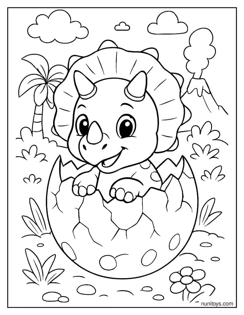 Cute Baby Triceratops Sitting in a Cracked Egg Coloring Page
